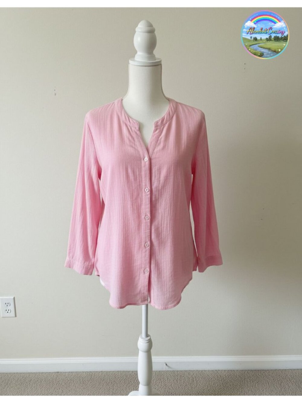Linen Cotton Button Down Shirt 3/4 Sleeve V-Neck Blouse